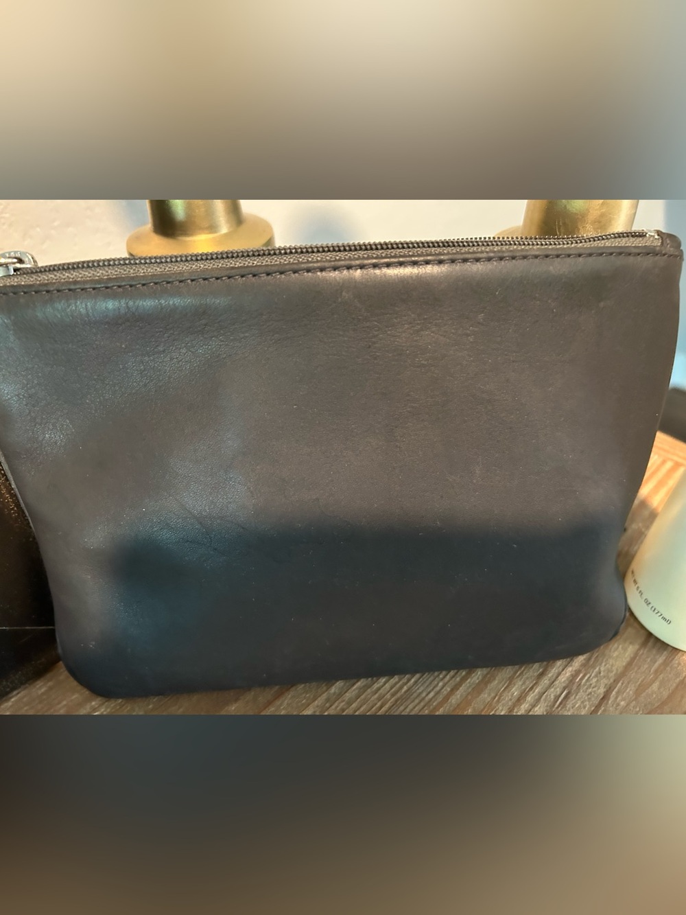VTG Dark Geay Coach Leather Zip Pouch w/ Metal Hangtag